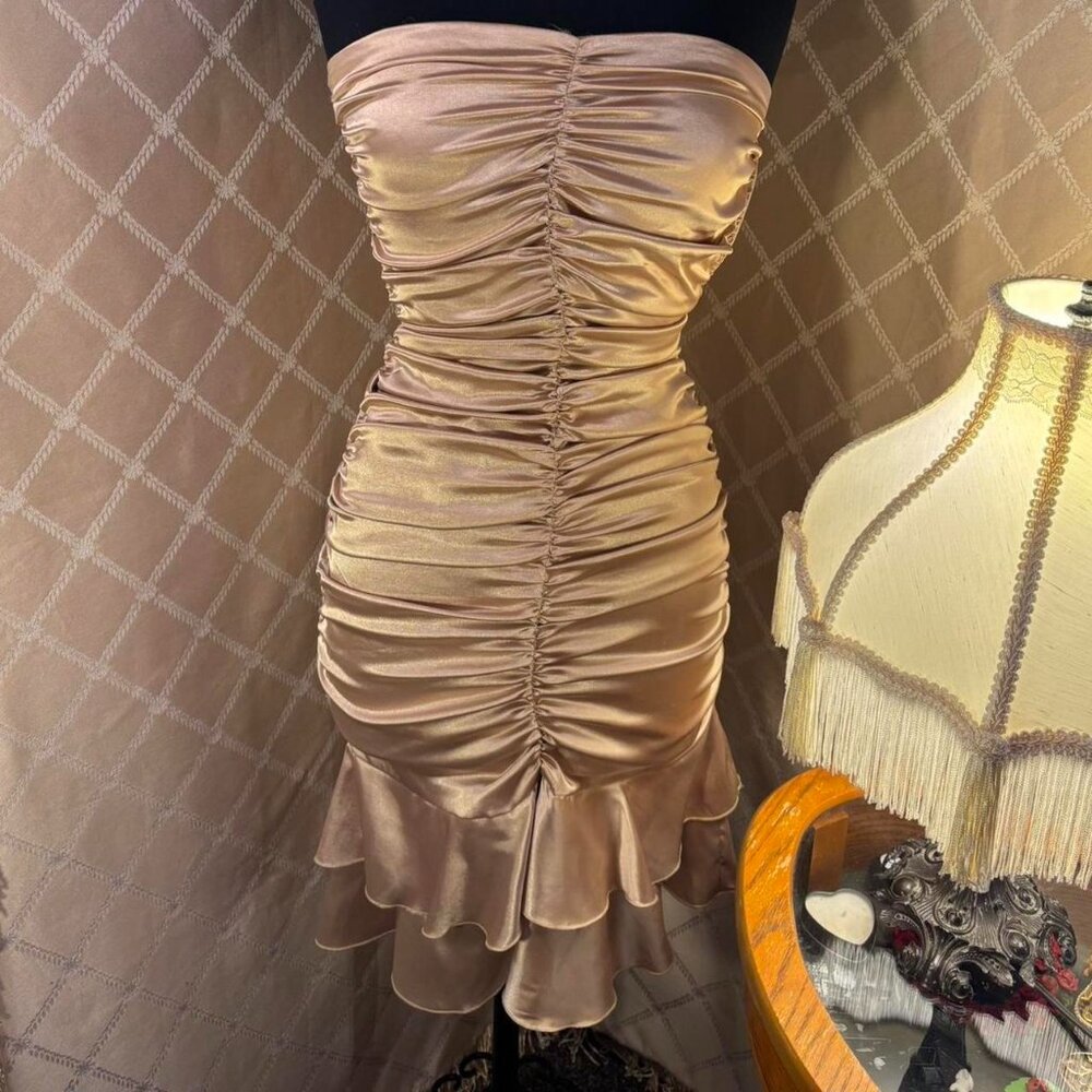 ✨Vintage 90s Gold Ruched Body Con Mermaid Formal Ruffle Dress✨